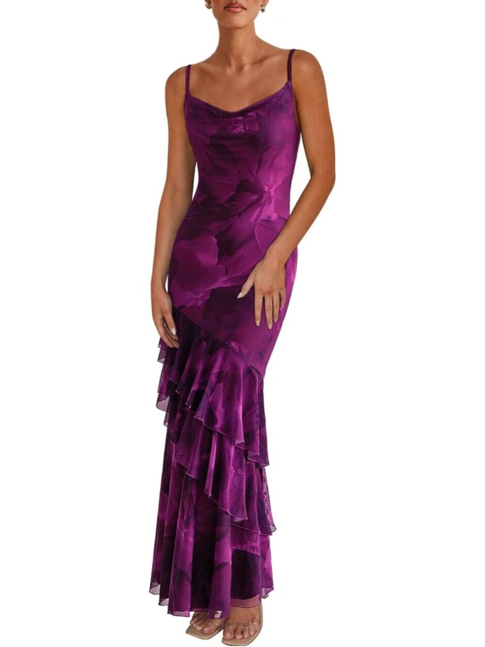 Women's Purple Maxi Dresses Summer Tiered Floral Beach Sundress Spaghetti Strap